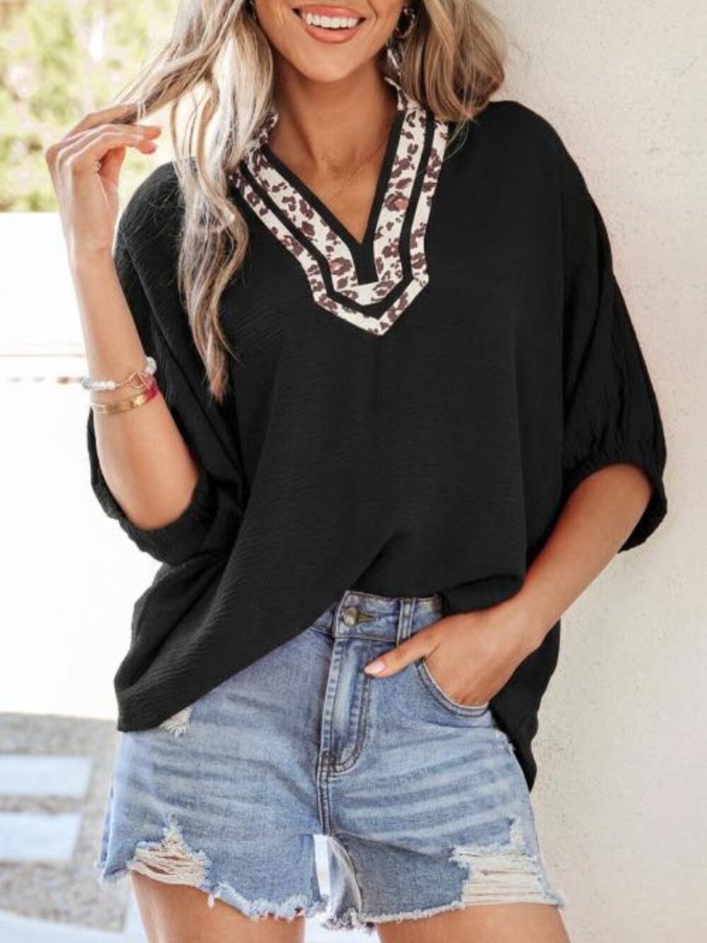 Leopard detail dolman sleeve v neck blouse in black